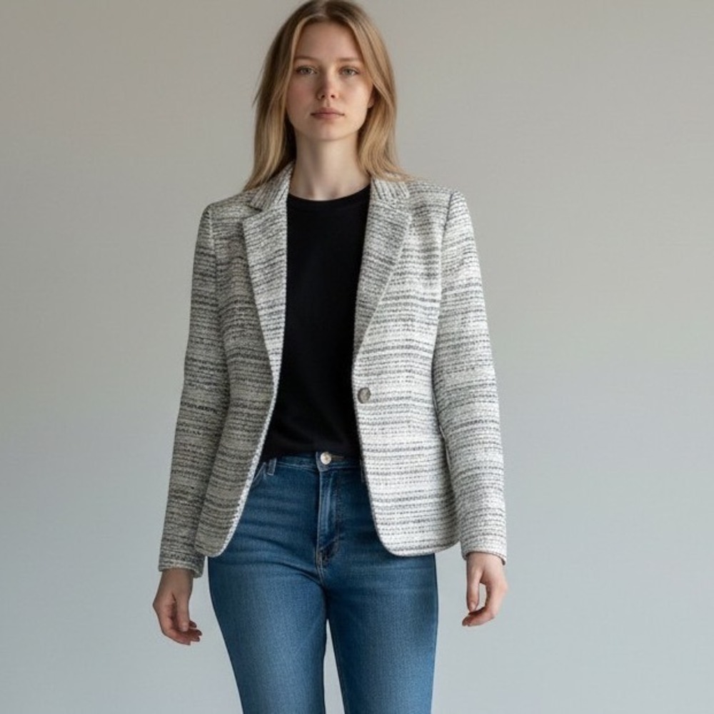 Cabi Ivory‎ Black Tweed Blazer Jacket Single Button Professional Workwear Size 2